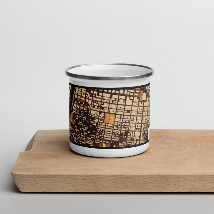 Front View Custom Rittenhouse Square Pennsylvania Map Enamel Mug in Ember on Cutting Board