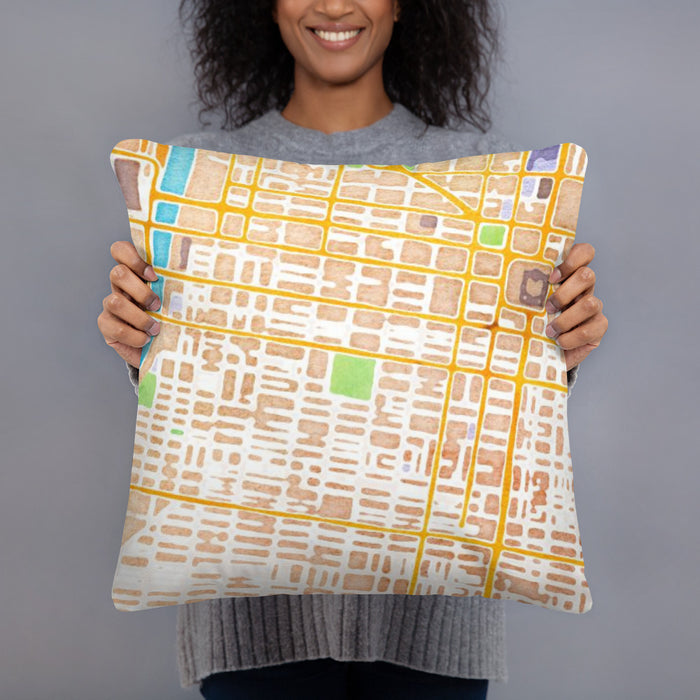 Person holding 18x18 Custom Rittenhouse Square Pennsylvania Map Throw Pillow in Watercolor