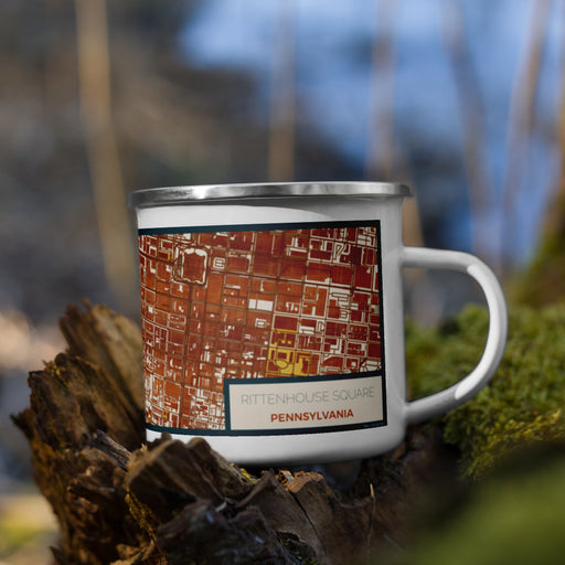 Right View Custom Rittenhouse Square Pennsylvania Map Enamel Mug in Woodblock on Grass With Trees in Background
