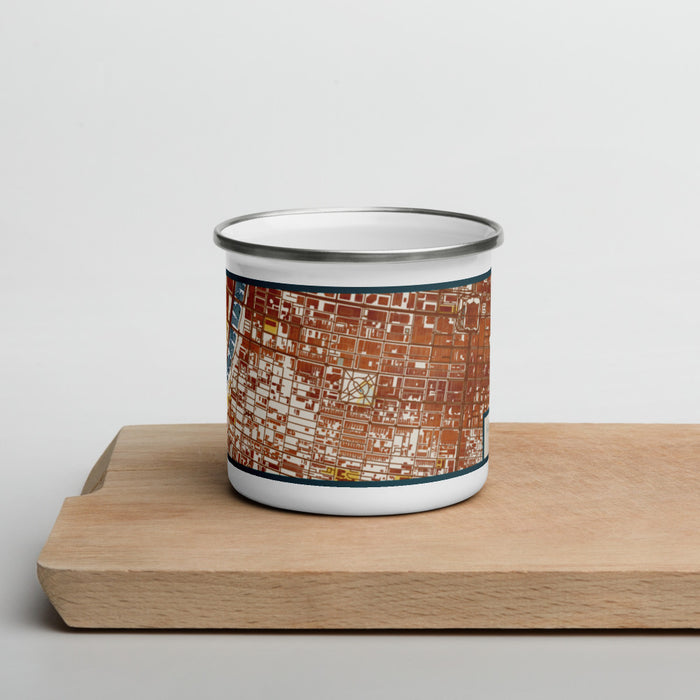 Front View Custom Rittenhouse Square Pennsylvania Map Enamel Mug in Woodblock on Cutting Board