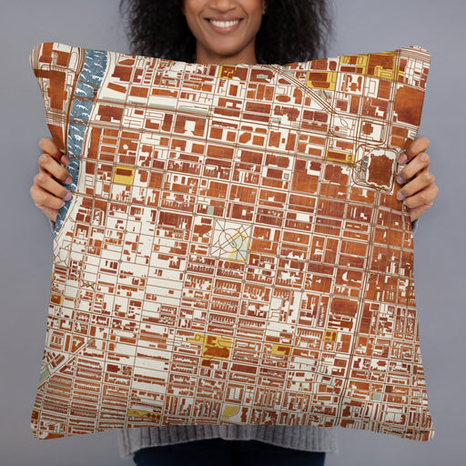 Person holding 22x22 Custom Rittenhouse Square Pennsylvania Map Throw Pillow in Woodblock