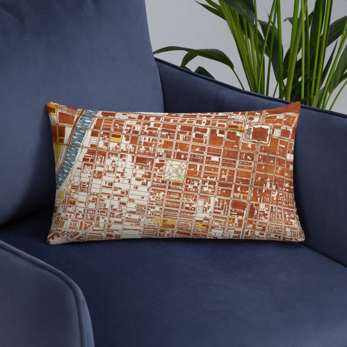 Custom Rittenhouse Square Pennsylvania Map Throw Pillow in Woodblock on Blue Colored Chair