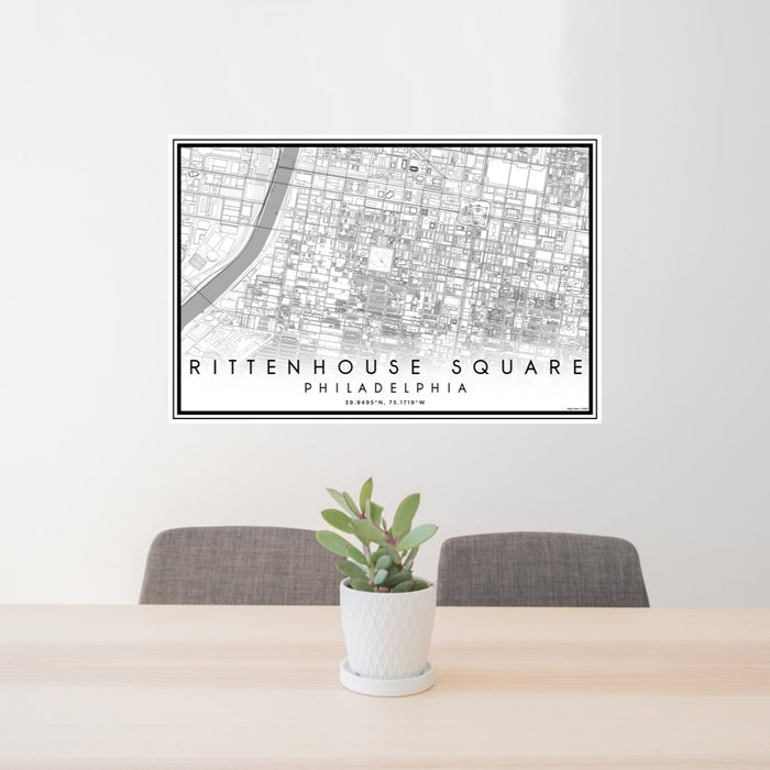 24x36 Rittenhouse Square Philadelphia Map Print Lanscape Orientation in Classic Style Behind 2 Chairs Table and Potted Plant