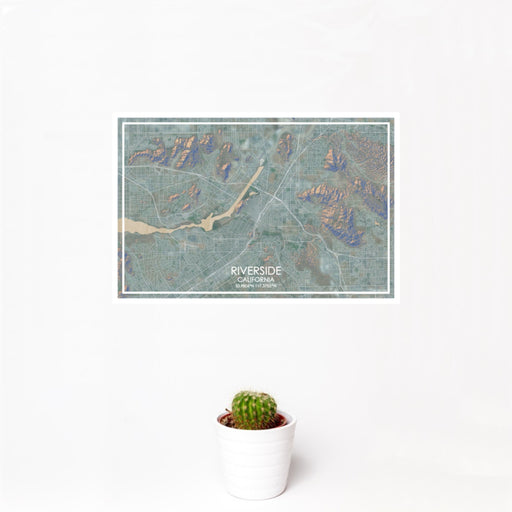 12x18 Riverside California Map Print Landscape Orientation in Afternoon Style With Small Cactus Plant in White Planter