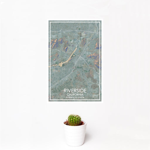 12x18 Riverside California Map Print Portrait Orientation in Afternoon Style With Small Cactus Plant in White Planter