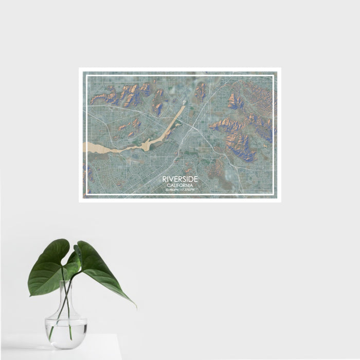 16x24 Riverside California Map Print Landscape Orientation in Afternoon Style With Tropical Plant Leaves in Water