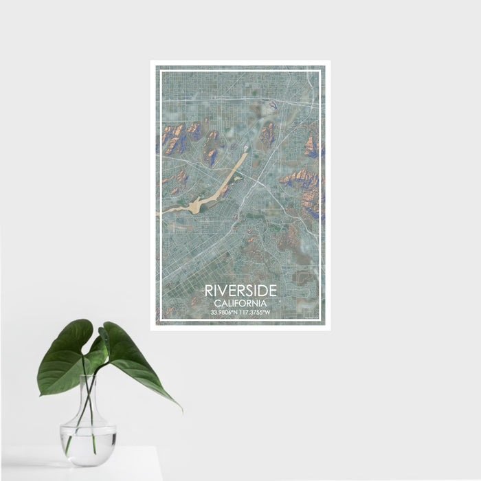 16x24 Riverside California Map Print Portrait Orientation in Afternoon Style With Tropical Plant Leaves in Water