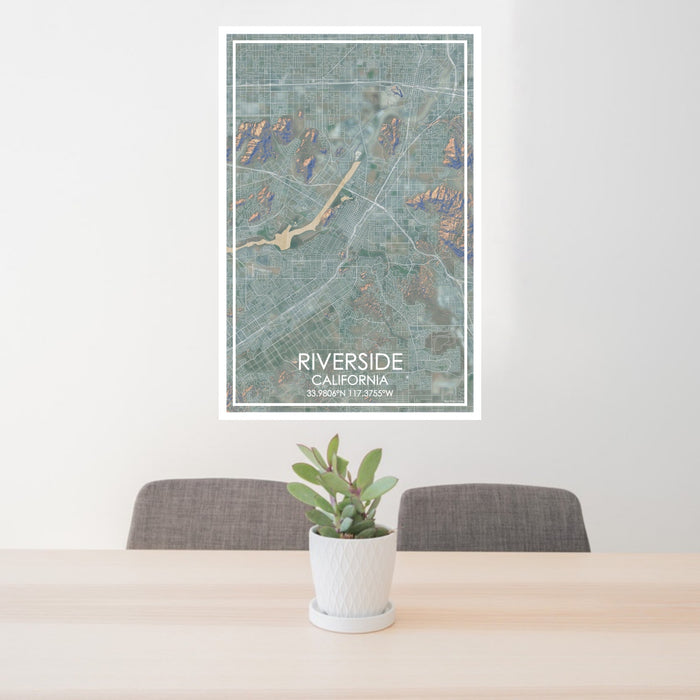 24x36 Riverside California Map Print Portrait Orientation in Afternoon Style Behind 2 Chairs Table and Potted Plant
