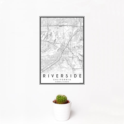 12x18 Riverside California Map Print Portrait Orientation in Classic Style With Small Cactus Plant in White Planter