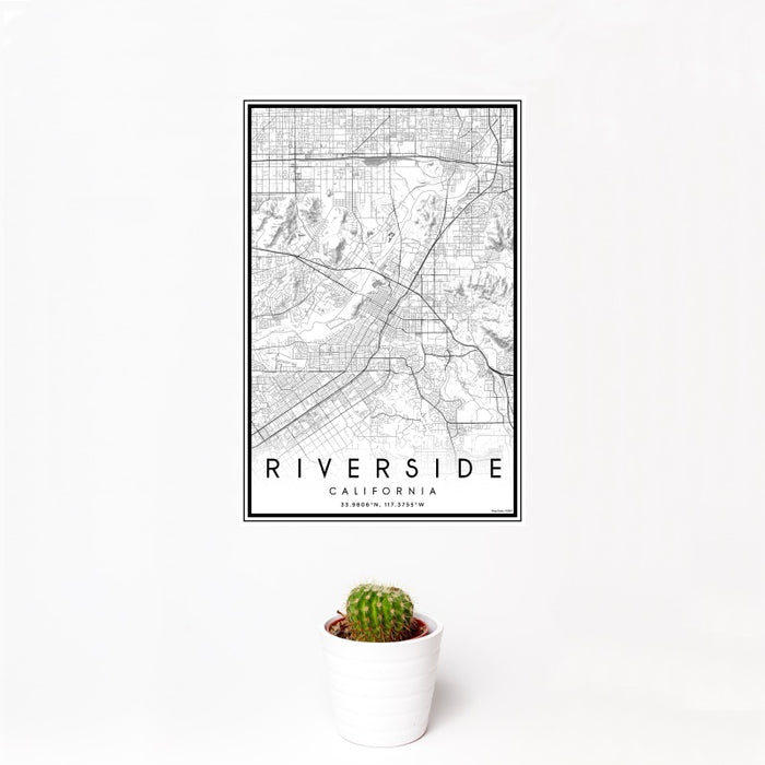 12x18 Riverside California Map Print Portrait Orientation in Classic Style With Small Cactus Plant in White Planter