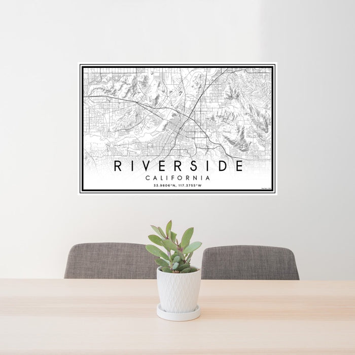24x36 Riverside California Map Print Landscape Orientation in Classic Style Behind 2 Chairs Table and Potted Plant