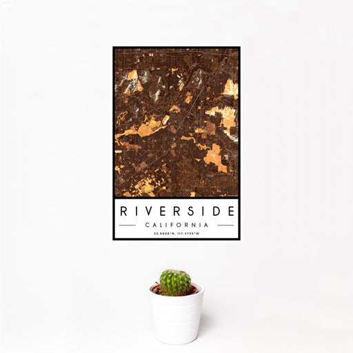 12x18 Riverside California Map Print Portrait Orientation in Ember Style With Small Cactus Plant in White Planter