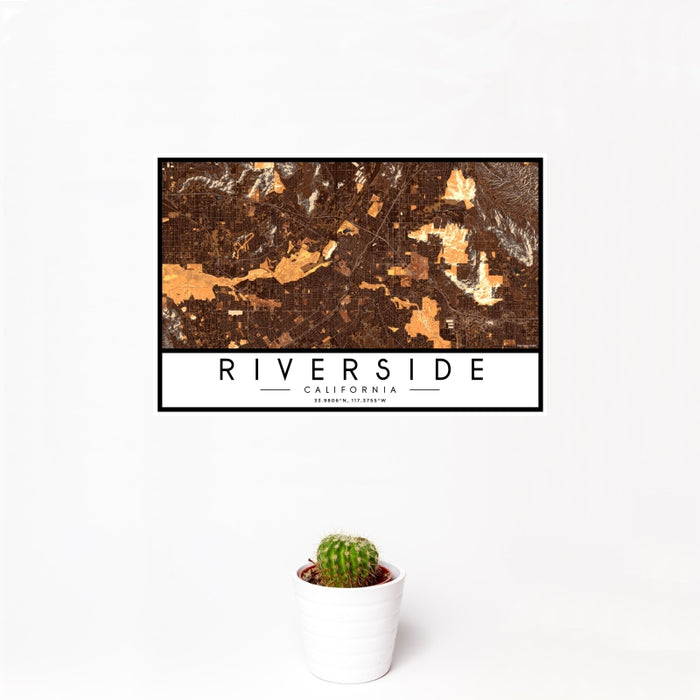 12x18 Riverside California Map Print Landscape Orientation in Ember Style With Small Cactus Plant in White Planter