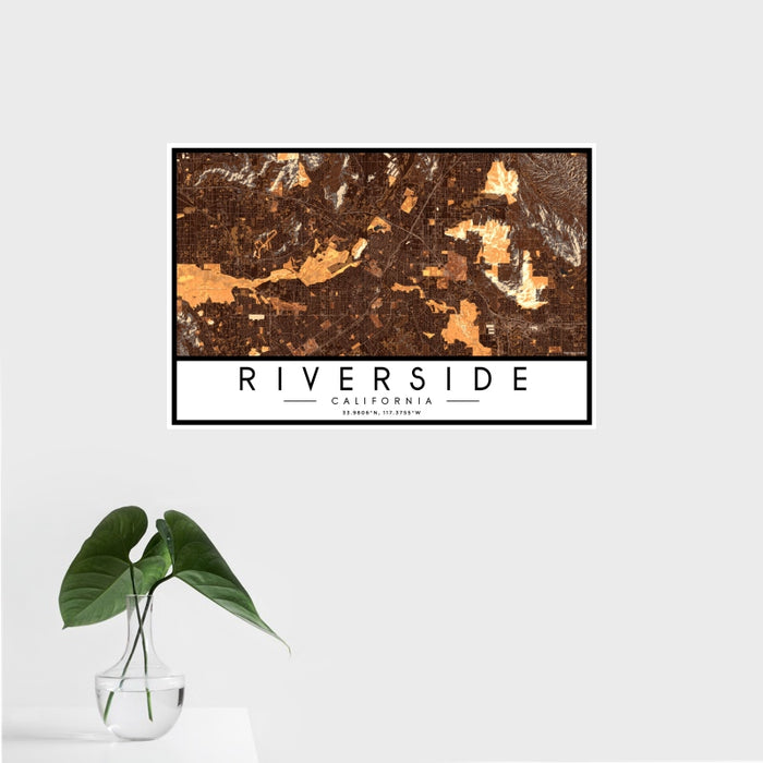 16x24 Riverside California Map Print Landscape Orientation in Ember Style With Tropical Plant Leaves in Water