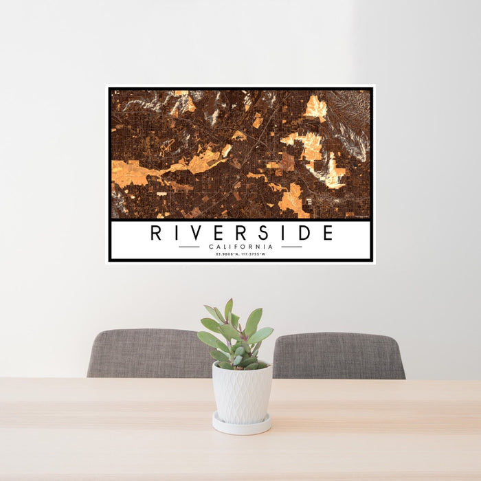 24x36 Riverside California Map Print Landscape Orientation in Ember Style Behind 2 Chairs Table and Potted Plant