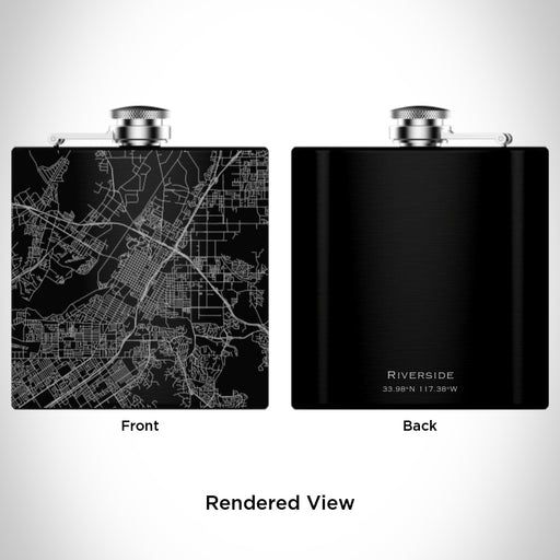 Rendered View of Riverside California Map Engraving on 6oz Stainless Steel Flask in Black