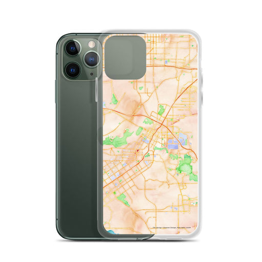 Custom Riverside California Map Phone Case in Watercolor on Table with Laptop and Plant