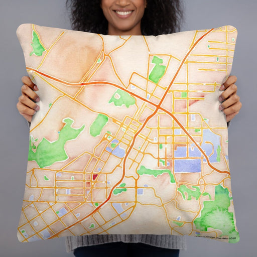 Person holding 22x22 Custom Riverside California Map Throw Pillow in Watercolor
