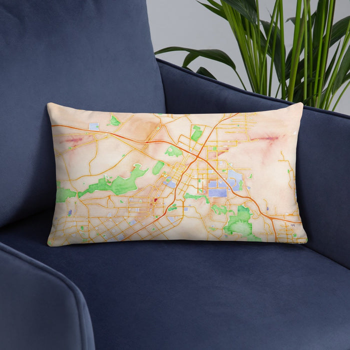 Custom Riverside California Map Throw Pillow in Watercolor on Blue Colored Chair