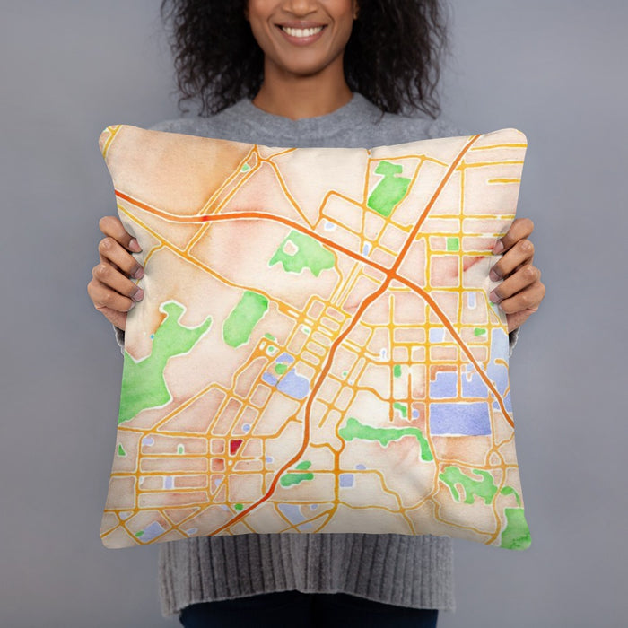 Person holding 18x18 Custom Riverside California Map Throw Pillow in Watercolor