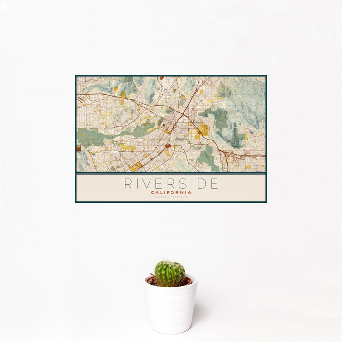 12x18 Riverside California Map Print Landscape Orientation in Woodblock Style With Small Cactus Plant in White Planter
