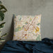 Custom Riverside California Map Throw Pillow in Woodblock on Bedding Against Wall