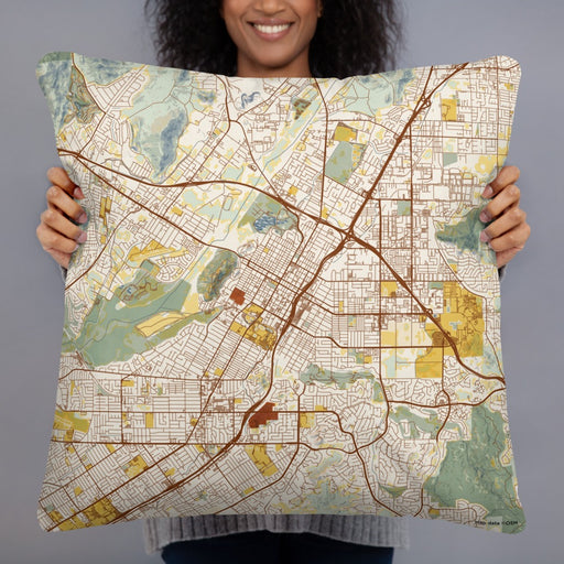 Person holding 22x22 Custom Riverside California Map Throw Pillow in Woodblock