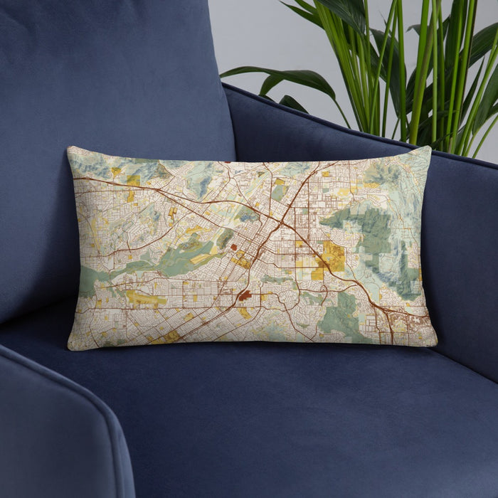 Custom Riverside California Map Throw Pillow in Woodblock on Blue Colored Chair