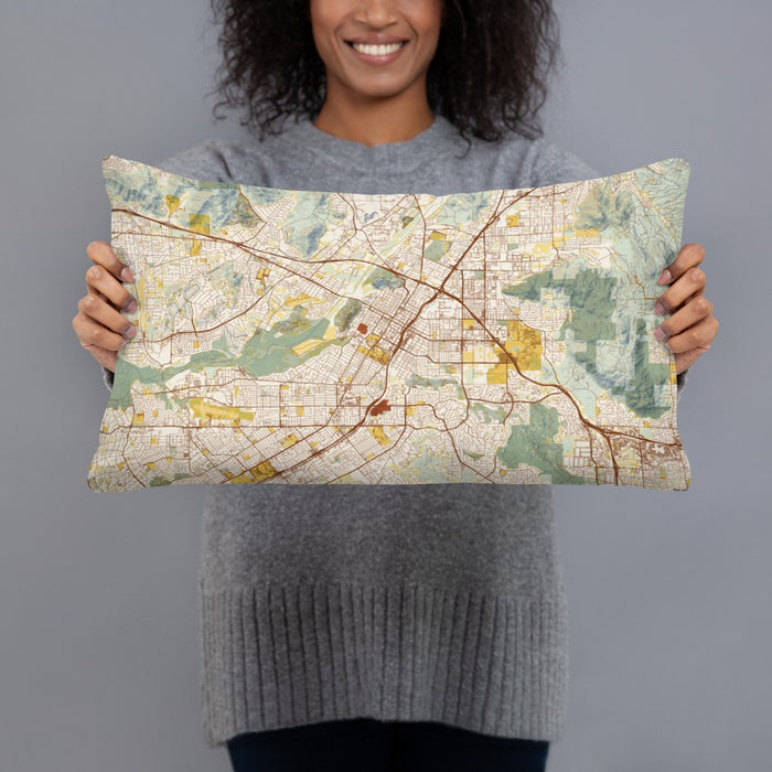 Person holding 20x12 Custom Riverside California Map Throw Pillow in Woodblock