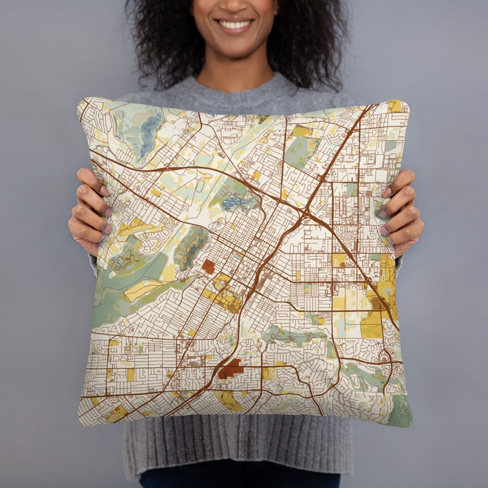 Person holding 18x18 Custom Riverside California Map Throw Pillow in Woodblock