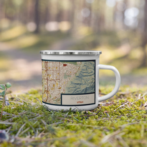 Right View Custom Riverton Utah Map Enamel Mug in Woodblock on Grass With Trees in Background
