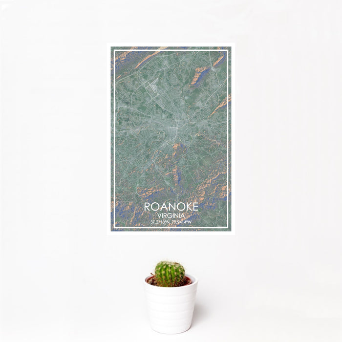 12x18 Roanoke Virginia Map Print Portrait Orientation in Afternoon Style With Small Cactus Plant in White Planter
