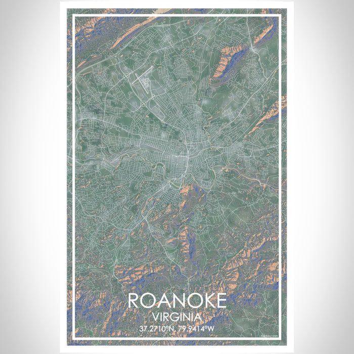 Roanoke Virginia Map Print Portrait Orientation in Afternoon Style With Shaded Background