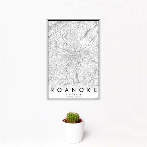 12x18 Roanoke Virginia Map Print Portrait Orientation in Classic Style With Small Cactus Plant in White Planter