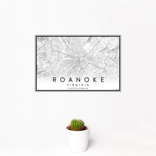 12x18 Roanoke Virginia Map Print Landscape Orientation in Classic Style With Small Cactus Plant in White Planter