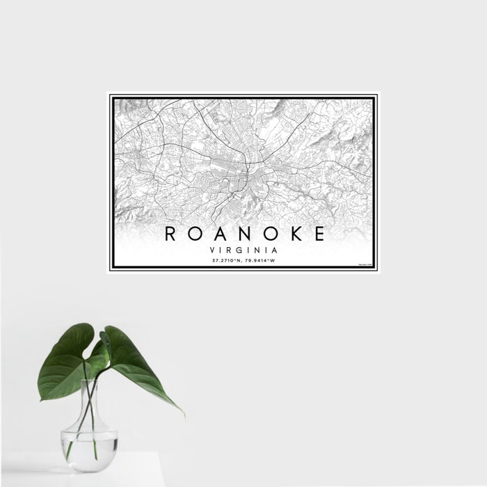 16x24 Roanoke Virginia Map Print Landscape Orientation in Classic Style With Tropical Plant Leaves in Water