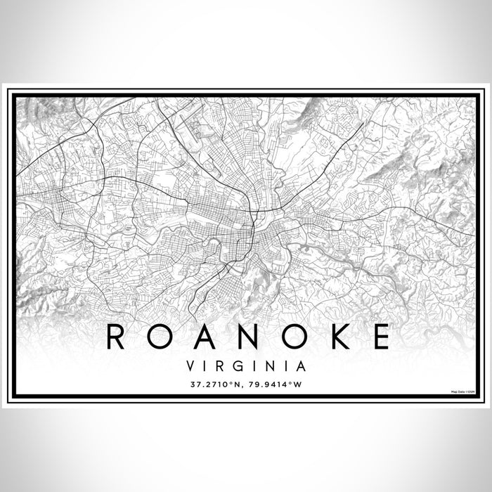 Roanoke Virginia Map Print Landscape Orientation in Classic Style With Shaded Background