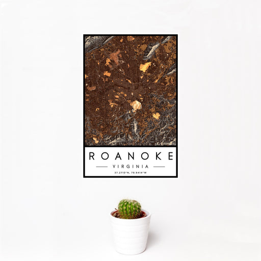 12x18 Roanoke Virginia Map Print Portrait Orientation in Ember Style With Small Cactus Plant in White Planter