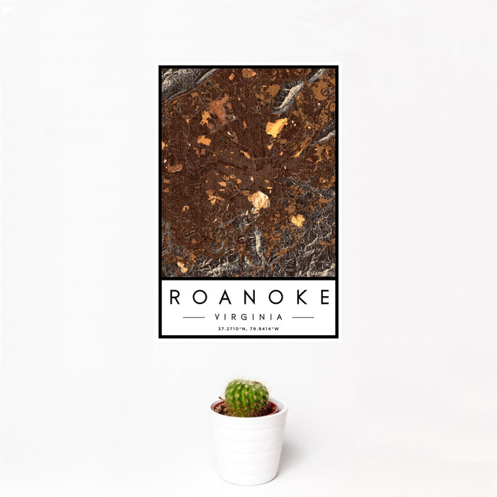 12x18 Roanoke Virginia Map Print Portrait Orientation in Ember Style With Small Cactus Plant in White Planter
