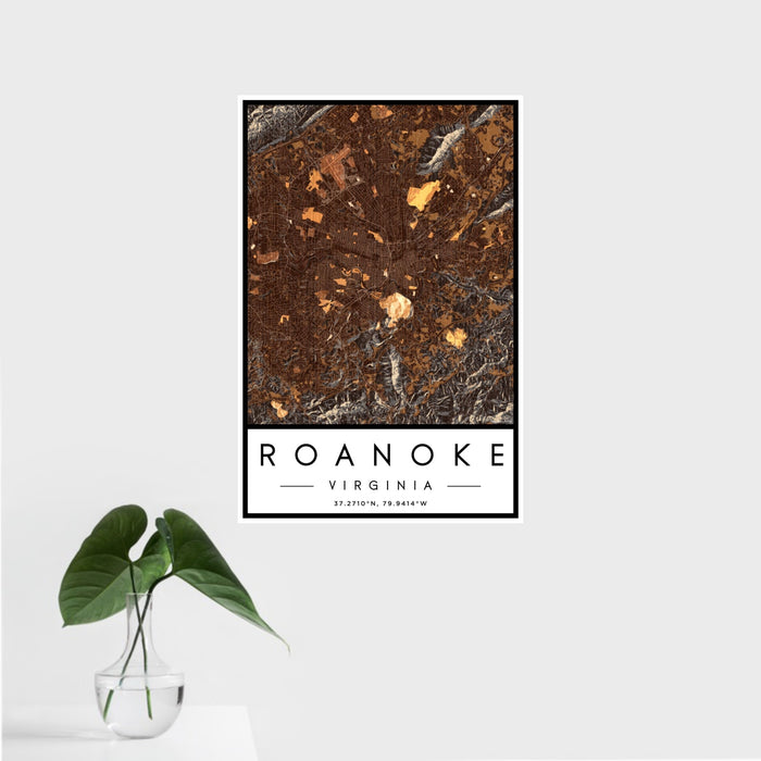 16x24 Roanoke Virginia Map Print Portrait Orientation in Ember Style With Tropical Plant Leaves in Water
