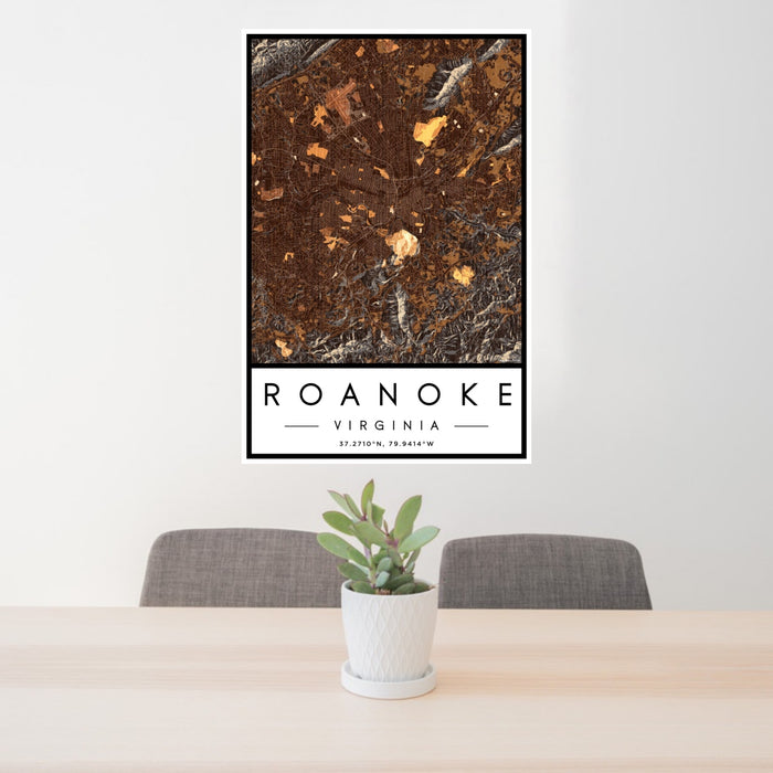 24x36 Roanoke Virginia Map Print Portrait Orientation in Ember Style Behind 2 Chairs Table and Potted Plant