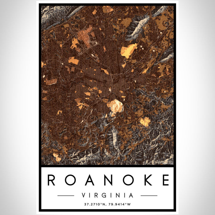Roanoke Virginia Map Print Portrait Orientation in Ember Style With Shaded Background