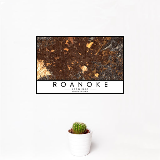 12x18 Roanoke Virginia Map Print Landscape Orientation in Ember Style With Small Cactus Plant in White Planter