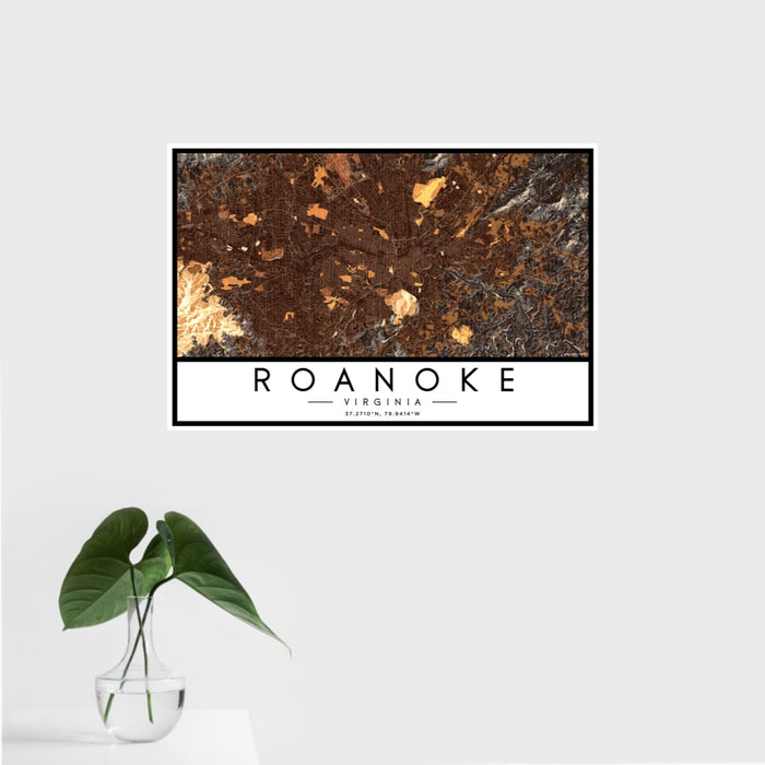 16x24 Roanoke Virginia Map Print Landscape Orientation in Ember Style With Tropical Plant Leaves in Water