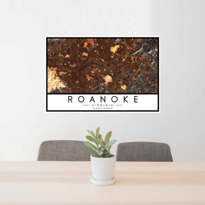 24x36 Roanoke Virginia Map Print Landscape Orientation in Ember Style Behind 2 Chairs Table and Potted Plant