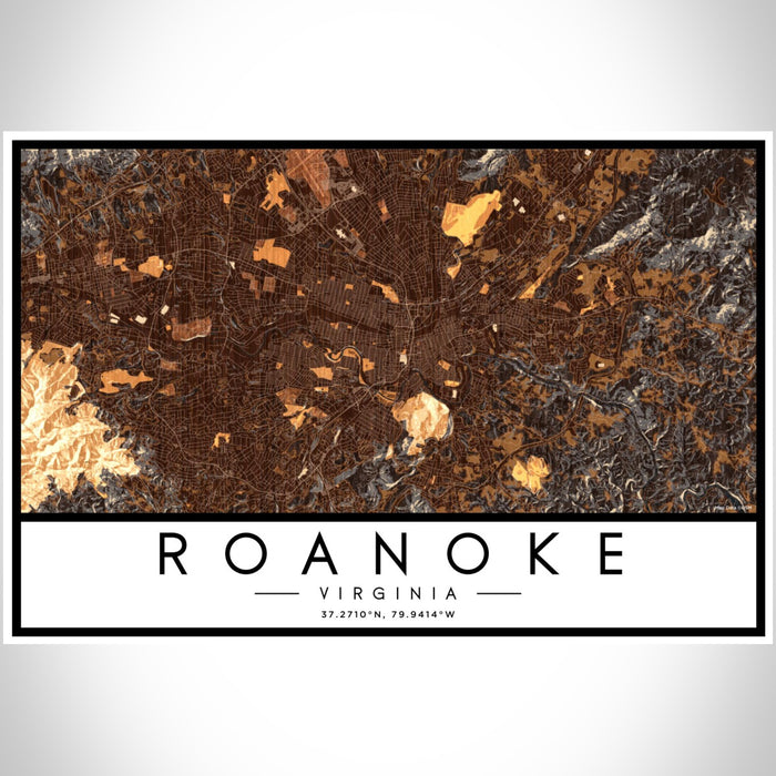 Roanoke Virginia Map Print Landscape Orientation in Ember Style With Shaded Background