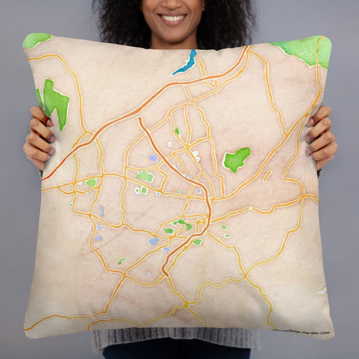 Person holding 22x22 Custom Roanoke Virginia Map Throw Pillow in Watercolor