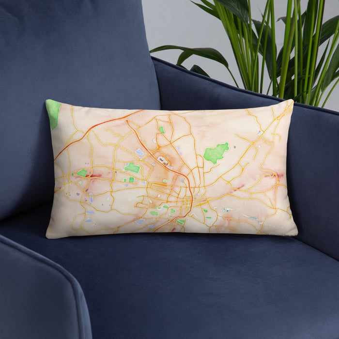 Custom Roanoke Virginia Map Throw Pillow in Watercolor on Blue Colored Chair