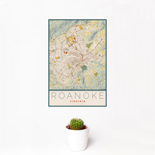 12x18 Roanoke Virginia Map Print Portrait Orientation in Woodblock Style With Small Cactus Plant in White Planter
