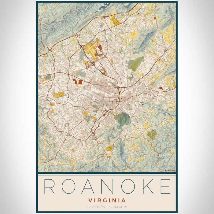 Roanoke Virginia Map Print Portrait Orientation in Woodblock Style With Shaded Background